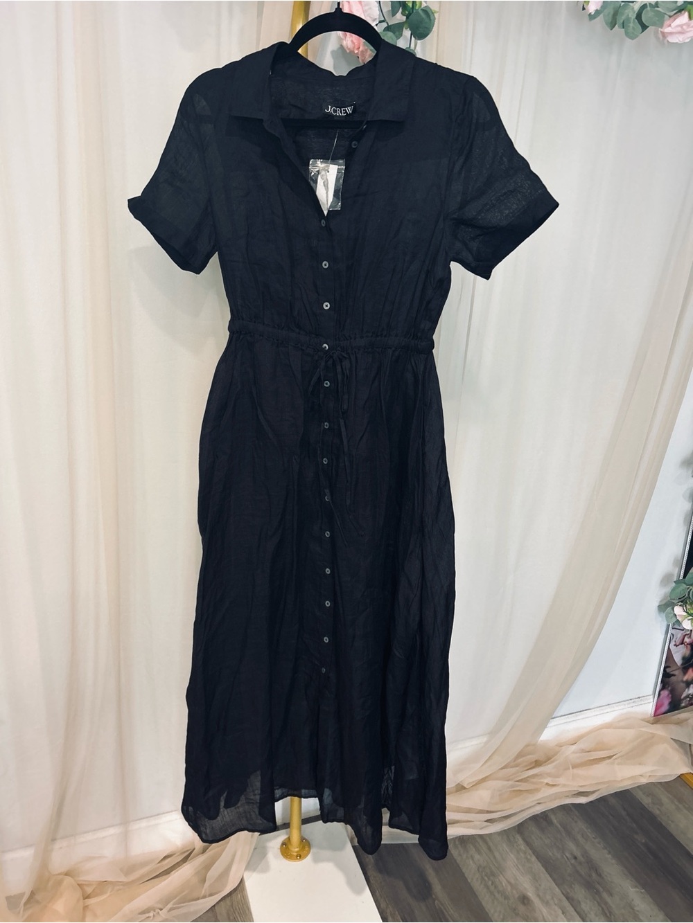NWT J.Crew Cerise Black Ramie Sheer Button Front Midi Maxi Dress w/ Slip - Picture 4 of 9